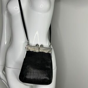 Moulin Rouge Croc and Silver Frame Black Cabochon Dragonfly Etched Bag